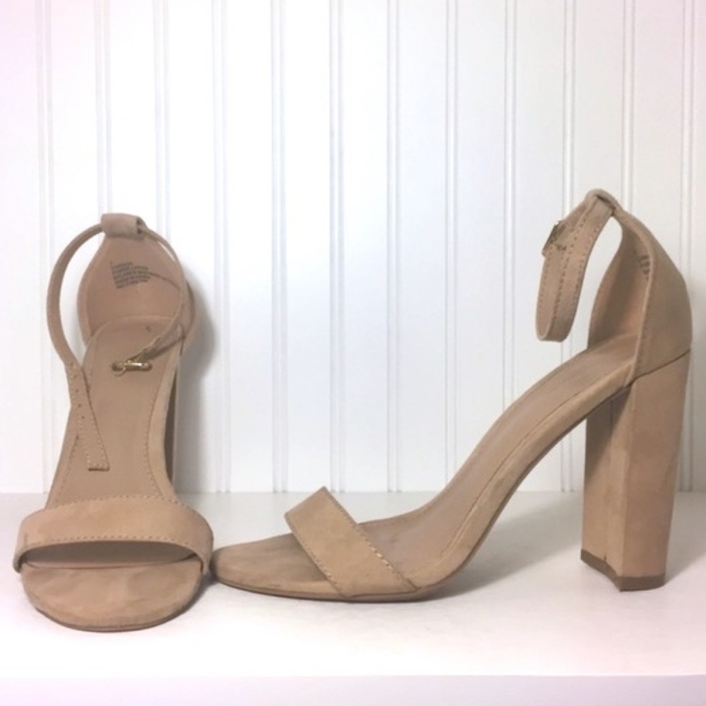 Nude Two Strap Faux Suede Strappy Block Heels